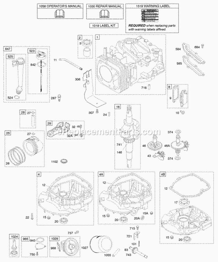 Camshaft Crankshaft Cylinder Engine Sump Lubrication Piston Group Diagram and Parts List for 122672-0156-B1  Briggs and Stratton Engine